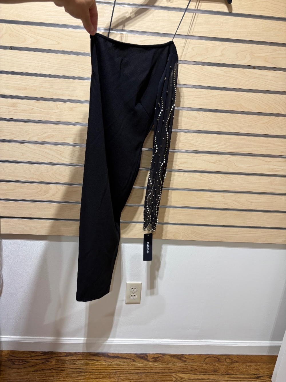 Bebe black one shoulder beaded sleeve dress XXS
